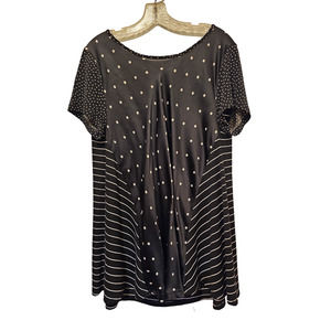 Alembika Women Blouse Black 3 Polka Dot Striped Short Sleeve Round Neck Pullover